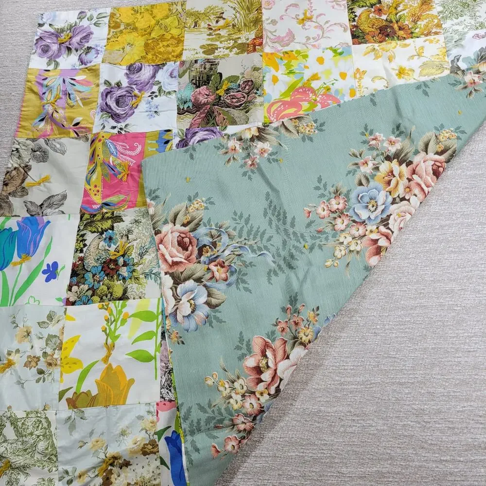 Handmade Patchwork Crazy Quilt Blanket Tablecloth Two-Sided Indian Square Floral